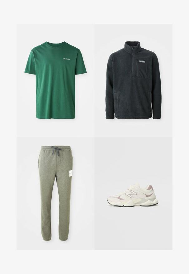 Tmavošedý flísový pulóver s vysokým golierom, polovičným zipsom na prednej strane, zipsovou náprsní taškou a bočnými vreckami na ruky, vyrobený spoločnosťou Columbia.; Zelené bavlnené tričko s okrúhlym výstrihom, krátkymi rukávmi a malým bielym logom Columbia na hrudi. Mäkká textura, ležérny dizajn.; Svetlosivé zúžené tepláky s elastickým pásom, šnúrkou na stiahnutie, bočnými vreckami, manžetami na členkoch a malou bielou značkovou nálepkou na pravom stehne.; Biele a svetlo šedé atletické tenisky s vrchnou časťou z kombinácie sieťoviny a syntetického materiálu, polstrovaným golierom, štruktúrovanými detailmi a silnou gumovou podrážkou.