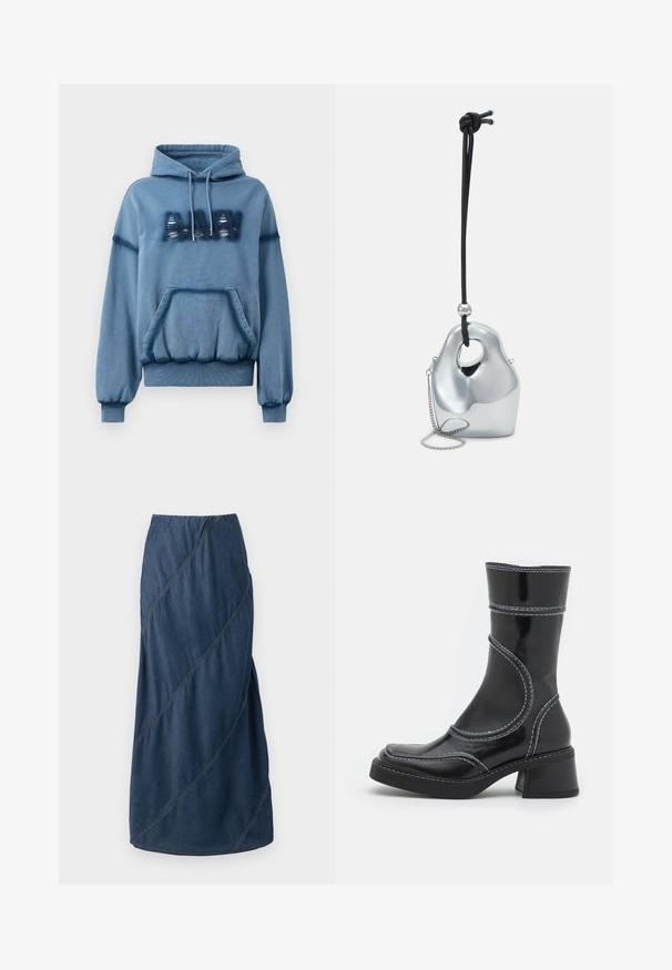 Blauer Hoodie aus weichem Stoff, mit einer Vordertasche, Kapuze mit Kordelzug, gerippten Bündchen und abgetragenem Schriftzug. Lockere Passform mit elastischem Saum.; Jeansmaxirock in Dunkelblau, mit diagonalen Nähmustern und einem elastischen Bund für eine strukturierte, fließende Silhouette.; Schwarze Lackleder-Ankle Boots mit weißen Nähten, abgerundeter Zehe und Blockabsatz. Besitzt geschwungene Designlinien und eine glatte Textur.; Silberne metallische Handtasche mit einer einzigartigen, glatten, organischen Form. Verfügt über einen schwarzen Kordelriemen und eine kleine Kette für vielseitige Tragemöglichkeiten.