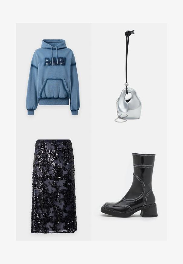 Modra kapuca iz mehkega blaga, z sprednjim žepom, kapuco s vrvico, rebrastimi manšeti in obrabljenim potiskom. Ohlapen kroj z elastičnim robom.; Mornarska svilenka z nežno tkanino, okrašena z črnimi in srebrnimi bleščicami v cvetličnem vzorcu, z ravnim krojem in robom.; Črne lakirane gležnjarje z belim šivom, okroglo konico in blok peto. Imajo ukrivljene oblikovne črte in gladko teksturo.; Srebrna metalna torbica z edinstveno, gladko, organsko obliko. Ima črn vrvni trak in majhno verižico za več možnostmi nošenja.