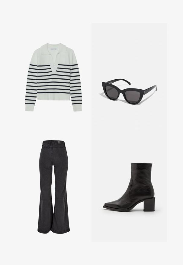 Witte trui met marineblauwe horizontale strepen, een geribbelde textuur en een grote V-halskraag. Lange mouwen met geribbelde boorden en zoom.; Zwarte flared jeans met een gladde textuur, hoge taille en een merkpatch op de achterkant. Kenmerkt zich door een wijde broekspijp en versterkte stiksels.; Zwarte leren enkellaars met een vierkante neus en blokhak. Het ontwerp heeft een gladde textuur en minimale stikdetails.; Zwarte cat-eye zonnebril met een matte afwerking, voorzien van grijs getinte glazen, scherpe hoeken en slanke zijarmen. Merkennaam zichtbaar op de binnenarm.