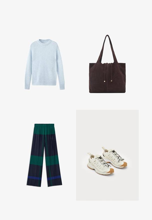 Pull en tricot bleu clair avec un col rond et des manches longues. La texture est douce et légèrement duveteuse. Pas de motifs ni d'accents supplémentaires.; Pantalons à large jambe avec des plis verticaux et un design en blocs de couleurs avec des rayures vertes, marines et bleues. Taille élastique pour plus de confort.; Chaussures de sport légères de couleur crème avec un dessus en maille, des lacets élastiques noirs et des accents de semelle en caoutchouc brun pour une traction et une durabilité accrues.; Mango Cabas - dark brown