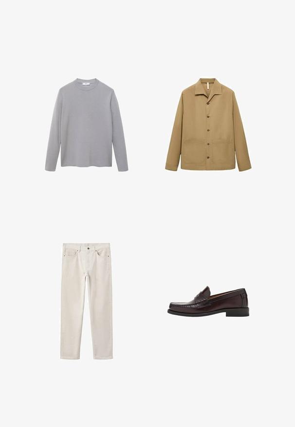 Siva majica dugih rukava od mekog, glatkoga materijala. Ima okrugli izrez, minimalistički dizajn i ravni rub bez dodatnih ukrasa.; Maslinasti radni kaput s ravnim krojem, proširenim ovratnikom, prednjim gumbima, dva velika džepa i glatkom teksturom tkanine.; Svijetlosmeđi pamučni traperice ravnog kroja, s pet džepova, metalnim kopčanjem i suptilnom teksturom. Bez vidljivih uzoraka ili akcenta.; Smeđe kožne mokasine s okruglim vrhom, dekorativnim šavovima na prednjem dijelu i ravnim gumenim potplatima za podršku i izdržljivost.