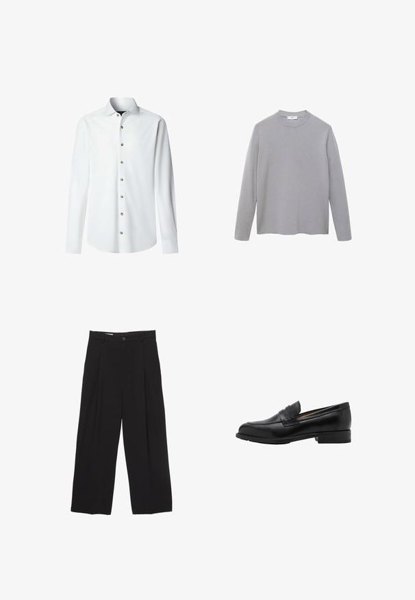 Siva majica dugih rukava od mekog, glatkoga materijala. Ima okrugli izrez, minimalistički dizajn i ravni rub bez dodatnih ukrasa.; Bijela košulja dugih rukava od glatke tkanine s kopčanjem sprijeda. Ima klasični ovratnik i gumbe zlatne boje duž otvora za kopčanje.; Crne široke hlače od glatkog materijala, s ravnim pojasom, prednjim nabranim detaljima i zatvaranjem na jedan gumb.; Crne kožne loafers c revama sprijeda i ravnim potplatom. Glatka tekstura s okruglim vrhom i ukrasnom trakom preko instep-a.