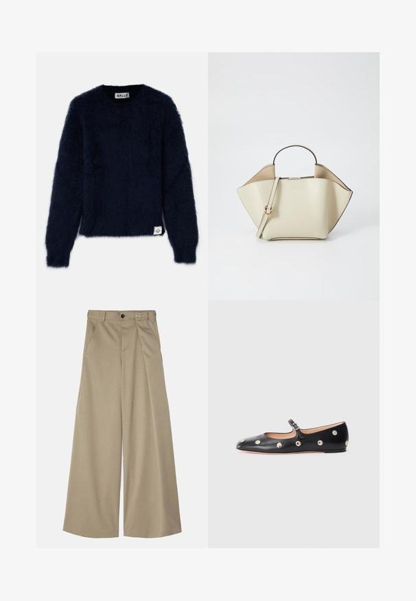 Námorníckomodrý sveter s nadýchanou textúrou, okrúhlym výstrihom a dlhými rukávmi. Má štítok v dolnom ľavom rohu.; MM6 Maison Margiela PANTS - Nohavice - bus green; Čierne kožené baleríny typu Mary Jane s okrúhlou špičkou, so striebornými kruhovými cvokmi a nastaviteľným remienkom so sponou.; Ree Projects ANN - Kabelka - beige