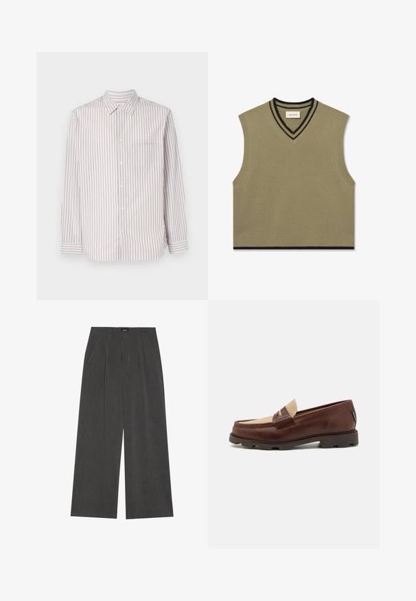 Mouwloze v-hals trui in olijfgroen met ribbelstructuur, voorzien van zwarte gestreepte accenten bij de kraag en de onderrand.; Wit overhemd met lange mouwen en verticale strepen in roze, blauw en groen. Heeft een klassieke kraag en een enkele borstzak.; Wijde broek in donkergrijs stof, met een geplooide voorkant, twee zijzakken en een vlakke tailleband. Glad oppervlak en gepaste ontwerpelementen.; Bruine leren instappers met een taupe canvasaccent, gestikte details en een gestructureerde rubberen zool die is ontworpen voor comfort en duurzaamheid.