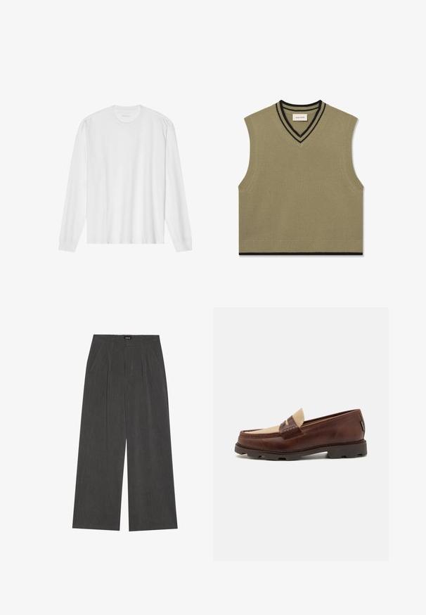 Sømløs v-hals striktrøje i oliven grøn ribbet strik, med sorte stribede detaljer ved kraven og nederste kant.; Hvid, langærmet t-shirt i bomuld med rund hals, med ribbede ærmeafslutninger og en lige kant, glat tekstur og minimalistisk design.; Videbenede bukser i mørkegråt stof med plisseret front, to sidelommer og en flad talje. Glat tekstur og skræddersyet design.; Brune læder loafers med en taupe canvas detalje, syet pynt og en tekstureret gummisål, der er designet til komfort og holdbarhed.