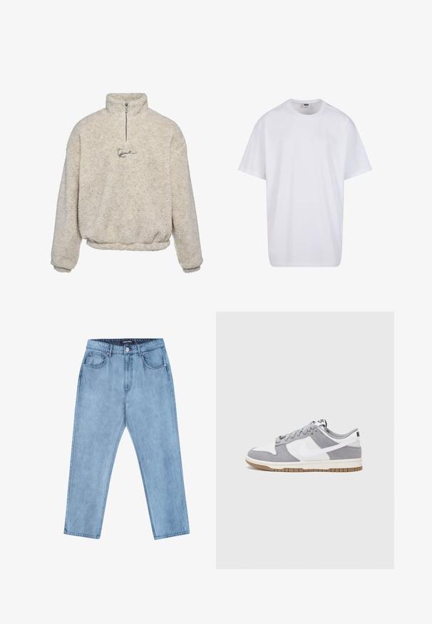 Pulover boje kreme izrađen od teksturiranog flisa, s ovratnikom na pola zatvarača i malim izvezenim logotipom sprijeda.; Bijela pamučna majica s kratkim rukavima, zaobljenim izrezom, opuštenog kroja, bez vidljivih logotipa ili uzoraka. Glatka tekstura i minimalni dizajn.; Svijetloplavi traperice s ravnim krojem, pet džepova i markiranim pojasom. Tkanina ima blago istrošen izgled.; Sivi i bijeli tenisice s gornjištem od antilopa i kože, okruglim vrhom, ravnim vezicama i gumenim potplatom s dodatkom boje gume.