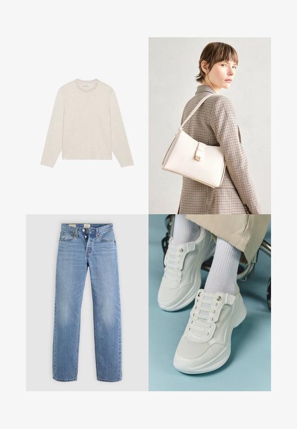 Šviesiai pilkas ilgomis rankovėmis marškinėliai, pagaminti iš minkštos medžiagos. Turi apvalų kaklą, tiesų hemą ir minimalų siuvimo detalę priekyje.; Šviesiai mėlyni džinsai su tiesaus kirpimo dizainu, metalinėmis sagomis, priekinėmis kišenėmis ir švelniais nušovimo akcentais visame audinyje.; Baltos sportbačiai su tinklelio medžiaga, guminiais padais, be raištelių dizainu su elastinėmis juostelėmis ir auksinėmis detalėmis.; Balto odos rankinė su struktūrizuotu dizainu, turinti magnetinį užsegimą ir petnešą, demonstruojama prieš neutralią foną.