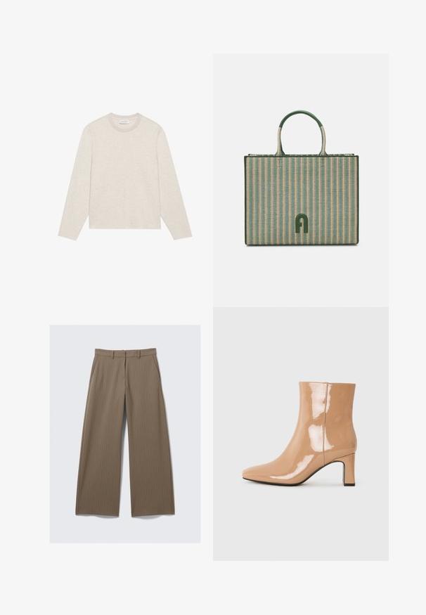 Maglietta a maniche lunghe grigio chiaro realizzata in tessuto morbido. Presenta un colletto tondo, fondo dritto e dettagli di cucitura minimali sul davanti.; Pantaloni larghi a righe marroni con una texture liscia e un design classico, dotati di una vita e pieghe frontali per una vestibilità su misura.; Stivaletti nude in vernice con punta affusolata, finitura lucida e tacco medio a blocco. Texture liscia e silhouette elegante.; Borsa a spalla a strisce verde e beige con due manici, realizzata in materiale intrecciato, con dettagli del logo verde sul davanti. Forma rettangolare.