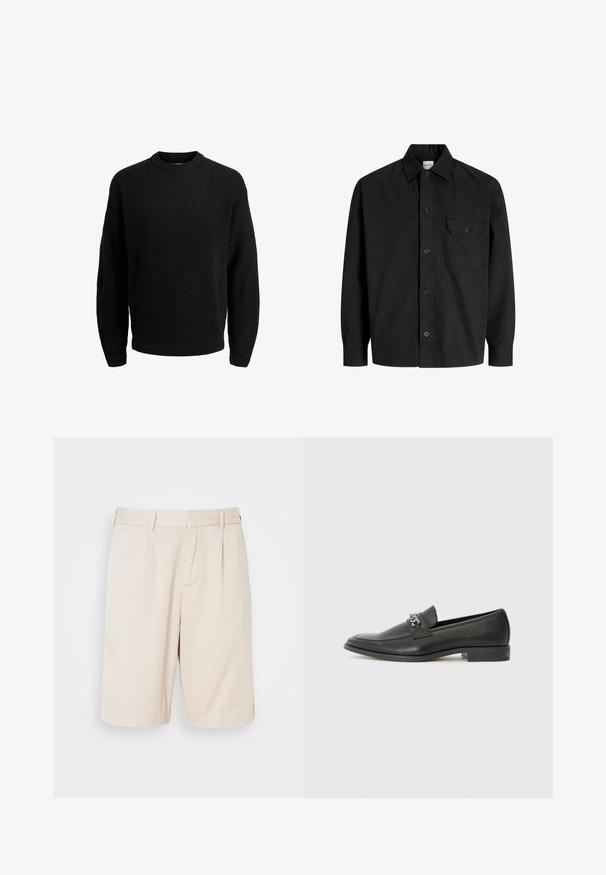 Mustavilla neulepaidalla on pyöreä pääntie, pitkät hihat ja ribbikuviointi hihoissa ja helmassa. Valmistettu paksusta langasta lämmön vuoksi.; Mustapaita, jossa on pitkät hihat, napitus, kaulus ja yksi rintatasku nappisuljennalla.; Beige, laskeneet shortsit sileästä kankaasta, joissa on sivutaskut ja suoraviivainen leikkaus, sopivat arkikäyttöön.; Musta nahkakengät, joissa on sileä pinta, koristeelliset ompeleet ja metalliketjun yksityiskohta kengän päällä. Littee korko.