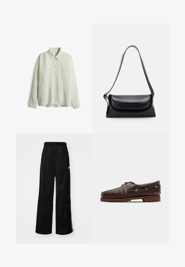 Long-sleeve crewneck sweater in dark green, textured knit, with ribbed cuffs, hem, and neckline, laid flat on a white background.; Light green collared shirt with long sleeves, featuring a textured surface, button front, and subtle striped pattern on cuffs.; Black wide-leg track pants with an elastic waistband, featuring white side stripes and a small logo on the left hip. Smooth fabric texture.; Brown leather boat shoe with gold eyelets, round laces, and a textured brown rubber sole. Features stitched detailing and a raised logo.; Black leather handbag with a structured shape, a smooth texture, and a single shoulder strap. Features a subtle, rounded flap design.