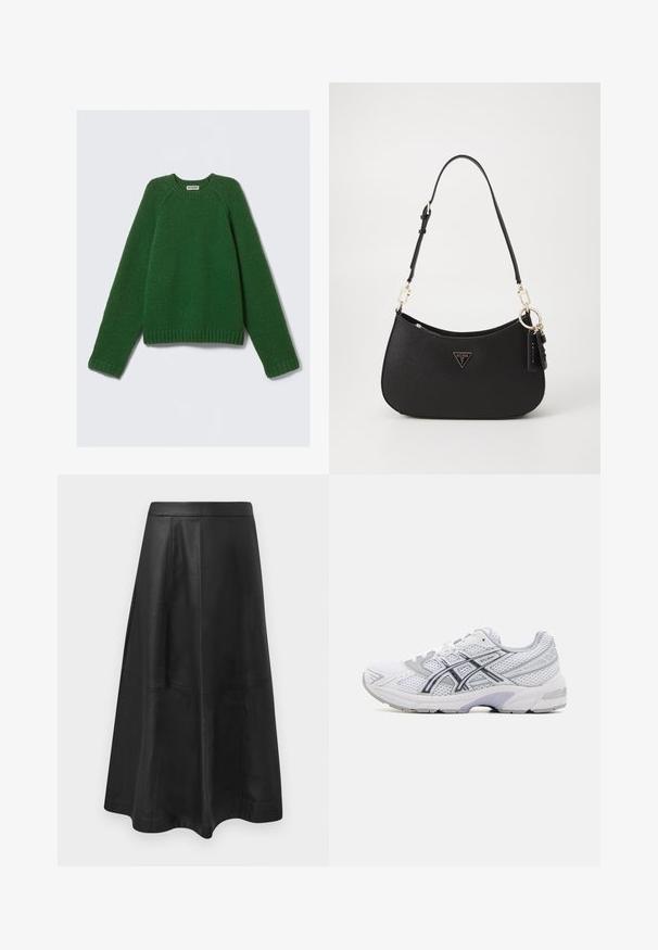 Tumed rohelise pika varrukaga crewneck sviiter, tekstuuriga kudumine, ribadega mansetid, ääred ja kaelus, asetatud tasasele valgele taustale.; Mustast nahast midi seelik, millel on laienev siluett, ning omadused nagu õmblustähed ja sile tekstuur. Ilma nähtava riistvara või lisanditeta.; ASICS SportStyle GEL 1130 - Tossud - white/carrier grey; Must musträkk kott musta sünteetilisest materjalist, kurvilise kujuga, kuldsete detailide ja kolmnurkse logoga. Varustatud lukuga ja reguleeritava rihmaga.