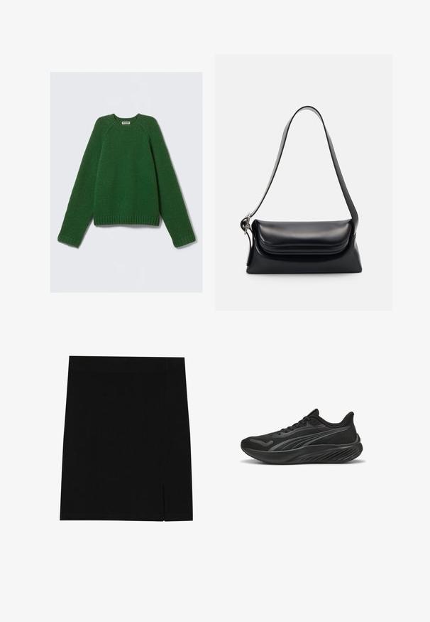 Pulover s dolgimi rokavi v temno zeleni barvi, strukturiran pleten, z žametnimi manšetami, robom in ovratnikom, položen na beli podlagi.; Črna mini krila iz mehkega materiala s prilegajočim se krojem, ki ima rahel razporek ob strani za dodatno podrobnost.; Črne atletske čevlje z mrežasto zgornjico, teksturiranimi detajli, ravnimi vezalkami in oblazinjeno podplatom z valovitimi vzorci za oprijem in udobje.; Črna usnjena torbica z oblikovano strukturo, gladko teksturo in eno naramnico. Opremljena je z diskretnim, zaobljenim pokrovom.