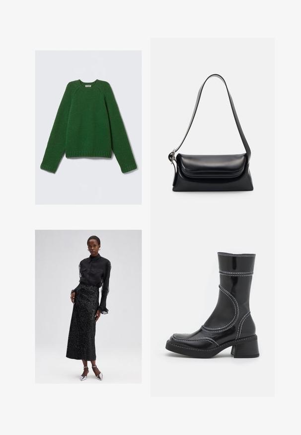 Tamsiai žalia ilgomis rankovėmis kreminė megztinis su tekstūruotu raštu, su įribuotomis rankogaliais, apatine dalimi ir kaklu, išklotas ant baltos fono.; Juodas marškinėliai su mygtukais ir permatomomis rankovėmis, derinami su blizgančia juoda midi sijonu ir sidabrinėmis aukštakulnėmis bateliais. Elegantiškas ir tekstūruotas dizainas.; Juodo lakuoto odos kulkšninis batas su baltomis siūlėmis, apvaliu pirštu ir blokuotu kulnu. Ypatinasi išlenktomis dizaino linijomis ir lygia tekstūra.; Juodas odinis rankinės krepšys su struktūrizuota forma, glotnia tekstūra ir viena petneša. Pasižymi subtiliu, apvaliu dangčiu.