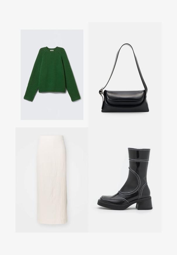 Langærmet crewneck sweater i mørkegrøn, struktureret strik med ribkant i ærmer, nederst og i halsudskæringen, lagt ned på en hvid baggrund.; Cremefarvet linnedragt med en lige silhuet, der når til knæene. Har en ren talje og en subtil tekstur. Ingen synlig hardware eller detaljer.; Sort patenteret læder ankelstøvle med hvid stikning, rund tå og blokhæl. Har buede designlinjer og en glat tekstur.; Sort læderhåndvask med en struktureret form, en glat overflade og en enkelt skulderrem. Har et subtilt, rundet klapdesign.