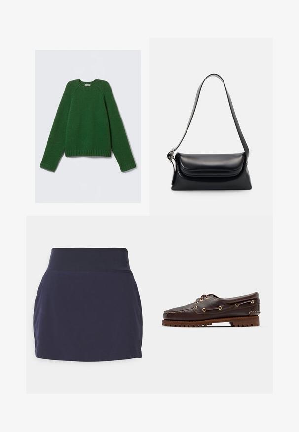 Mörkgrön långärmad tröja med rund hals i strukturstickad kvalitet, med ribbade mudd, nederdel och halsringning, liggande platt på en vit bakgrund.; Marinblå atletisk kjol med ett brett elastiskt midjeband, slätt tyg och en figurnära silhuett. Inga fickor eller distinkta mönster synliga.; Bruna lädersko med båtstil, guldögon, runda skosnören och en texturerad brun gummisula. Har sydda detaljer och en upphöjd logotyp.; Svart läderhandväska med en strukturerad form, en slät yta och ett enda axelband. Har en subtil, rundad klaffdesign.