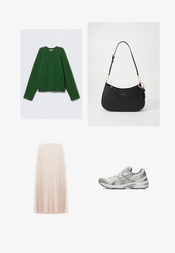 Suéter de cuello redondo de manga larga en verde oscuro, tejido texturizado, con puños, dobladillo y cuello de canalé, colocado sobre un fondo blanco.; Falda midi plisada en un color beige claro, hecha de una tela suave, con pliegues verticales estrechos y una cintura elástica.; Zapatilla de correr blanca con parte superior de malla, acentos metálicos plateados, capuchón de talón gris y suela de goma. Presenta un diseño texturizado y cordones.; Bolso de mano sintético negro con forma curvada, herrajes dorados y un logo triangular. Cuenta con un cierre de cremallera y una correa ajustable.