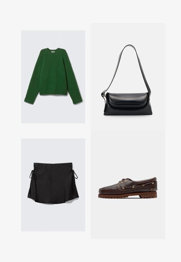 Pulover s dolgimi rokavi v temno zeleni barvi, strukturiran pleten, z žametnimi manšetami, robom in ovratnikom, položen na beli podlagi.; Črna krila z gladko teksturo, nastavljive vezalke na vsaki strani, rahlo razširjen rob in lahka tkanina.; Rjave usnjene čolnarske čevlje z zlatimi očesi, okroglicami in teksturiranim rjavim gumijastim podplatom. Ima šivano podrobno obdelavo in dvignjen logotip.; Črna usnjena torbica z oblikovano strukturo, gladko teksturo in eno naramnico. Opremljena je z diskretnim, zaobljenim pokrovom.