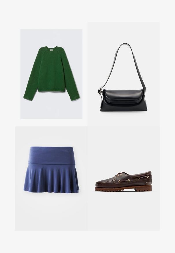 Suéter de cuello redondo de manga larga en verde oscuro, tejido texturizado, con puños, dobladillo y cuello de canalé, colocado sobre un fondo blanco.; Falda azul marino con una cintura suave y elástica y parte inferior con vuelo. Fabricada en tela suave, presenta un diseño simple y sin interrupciones.; Zapato náutico de cuero marrón con ojales dorados, cordones redondos y suela de goma marrón texturizada. Presenta detalles de costura y un logotipo elevado.; Bolso de piel negra con una forma estructurada, una textura suave y una sola correa para el hombro. Presenta un diseño de tapa sutil y redondeado.