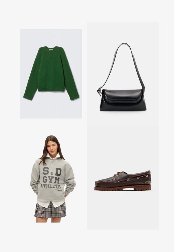 Langarm sweatshirt met ronde hals in donkergroen, met een gestructureerde brei, ribbelmanchetten, zoom en halslijn, plat gelegd op een witte achtergrond.; Grijze sweatshirt met "S&D GYM ATHLETIC" grafiek in zwart, textuurstof en geribbelde manchetten, gelaagd over een witte blouse met kraag en een geruite rok.; Bruine leren bootsschoen met gouden oogjes, ronde veters en een gestructureerde bruine rubberen zool. Kenmerkt zich door gestikte details en een verhoogd logo.; Zwarte leren handtas met een gestructureerde vorm, een gladde textuur en een enkele schouderband. Heeft een subtiele, afgeronde klepontwerp.