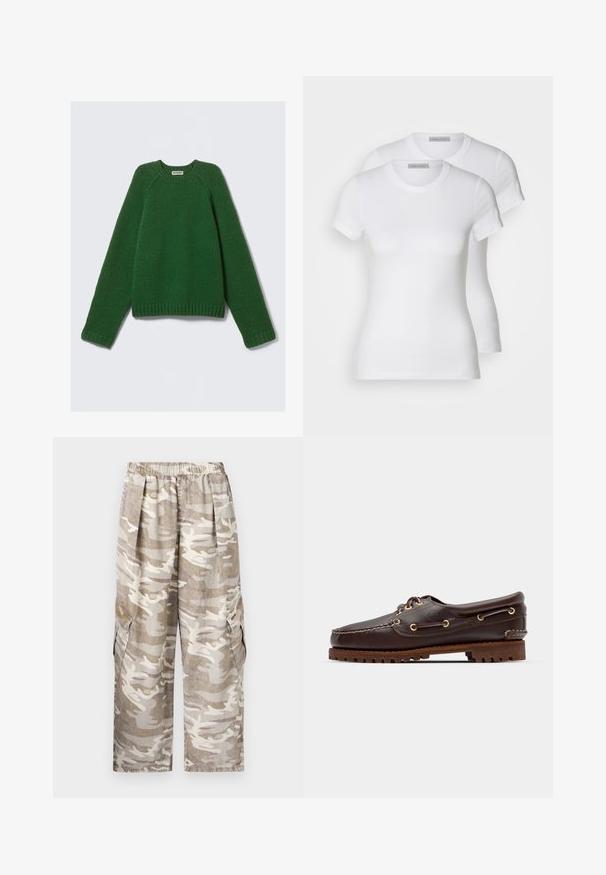 Pulover s dolgimi rokavi v temno zeleni barvi, strukturiran pleten, z žametnimi manšetami, robom in ovratnikom, položen na beli podlagi.; Dve bele bombažne majice s kratkimi rokavi, okroglimi izrezi in prilegajočo silhueto, ki prikazujejo gladko teksturo in minimalističen dizajn.; Kamo cargo hlače v bež in off-white barvi. Imajo elastičen pas, široke noge, dve bočni cargo žepu in teksturirano tkanino.; Rjave usnjene čolnarske čevlje z zlatimi očesi, okroglicami in teksturiranim rjavim gumijastim podplatom. Ima šivano podrobno obdelavo in dvignjen logotip.