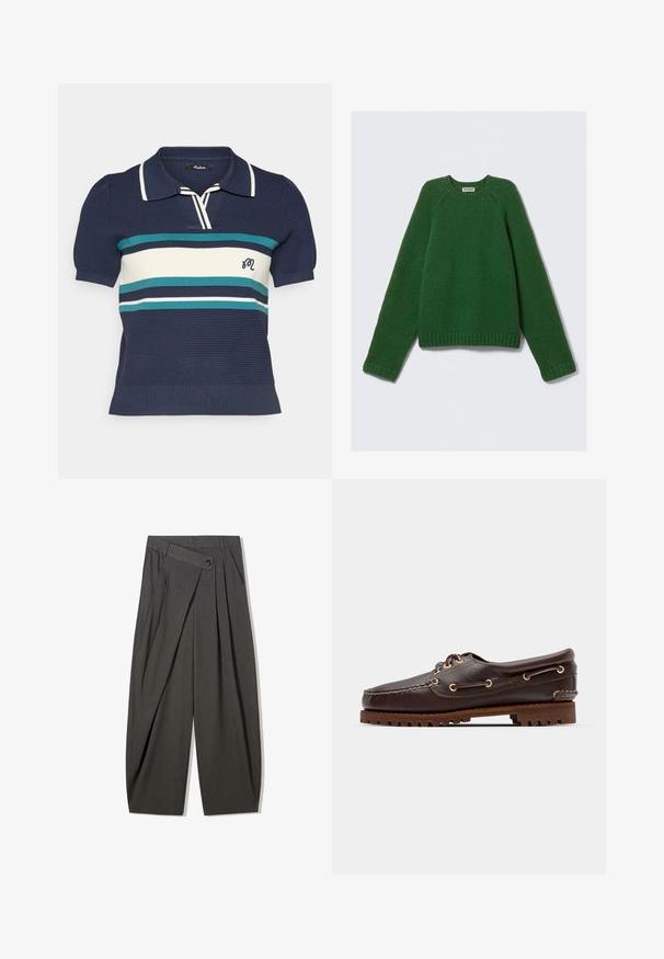 Sweter z długim rękawem w kolorze ciemnozielonym, o teksturowanym splocie, z prążkowanymi mankietami, dołem i dekoltem, ułożony na płasko na białym tle.; Granatowa dzianinowa koszulka polo z krótkim rękawem, z poziomymi paskami w kolorze turkusowym, białym i ciemnoniebieskim, oraz z małym haftowanym logo na piersi.; Szare, plisowane spodnie o wysokim stanie, z zapięciem na guzik i szerokimi nogawkami. Wykonane z gładkiego, tkanych materiału.; Brązowe skórzane buty w stylu boat shoe z złotymi oczkami, okrągłymi sznurowadłami oraz teksturowaną brązową gumową podeszwą. Zawierają przeszycia i wypukłe logo.