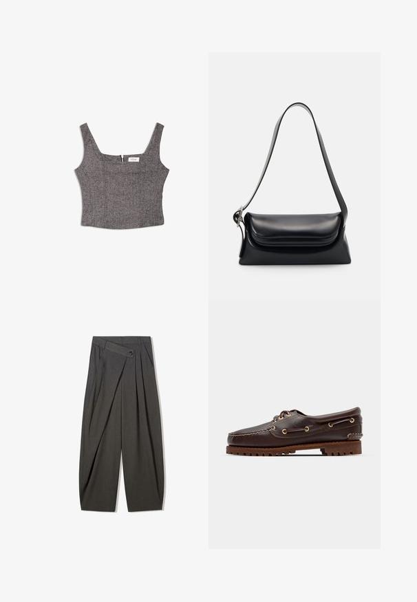 Maglione a maniche lunghe con colletto a girocollo di colore verde scuro, in maglia texturizzata, con polsini, orlo e scollatura a coste, steso su uno sfondo bianco.; Top corto grigio a zigzag con spalline larghe, scollatura quadrata e chiusura con zip sul retro. Realizzato in tessuto testurizzato, modellato per adattarsi perfettamente.; Pantaloni grigi a pieghe con vita alta, dotati di chiusura a bottone e design a gamba larga. Realizzati in un tessuto liscio e intrecciato.; Scarpa da barca in pelle marrone con occhielli dorati, lacci tondi e una suola in gomma marrone texturizzata. Presenta dettagli cuciti e un logo in rilievo.; Borsa a tracolla nera in pelle con una forma strutturata, una texture liscia e una singola tracolla. Presenta un design a patta arrotondata e discreta.
