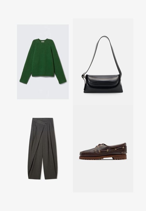 Long-sleeve crewneck sweater in dark green, textured knit, with ribbed cuffs, hem, and neckline, laid flat on a white background.; Gray pleated trousers with a high waist, featuring a button closure and wide-leg design. Made from a smooth, woven fabric.; Brown leather boat shoe with gold eyelets, round laces, and a textured brown rubber sole. Features stitched detailing and a raised logo.; Black leather handbag with a structured shape, a smooth texture, and a single shoulder strap. Features a subtle, rounded flap design.