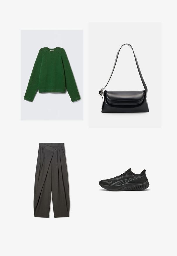 Sötétzöld, hosszú ujjú, kereknyakú pulóver, texturált kötött anyagból, bordázott mandzsettákkal, aljjal és nyakkal, fehér háttérre fektetve.; Szürke, plisírozott nadrág magas derekkal, gombos zárással és széles lábakkal. Simább, szőtt anyagból készült.; Fekete sportcipő hálós felsőrésszel, strukturált részletezéssel, lapos fűzőkkel és párnázott talppal, amely hullámos mintázattal rendelkezik a tapadás és kényelem érdekében.; Fekete bőr kézitáska, amelynek struktúrált formája, sima textúrája és egyetlen vállpántja van. Finom, lekerekített fedél kialakítással rendelkezik.
