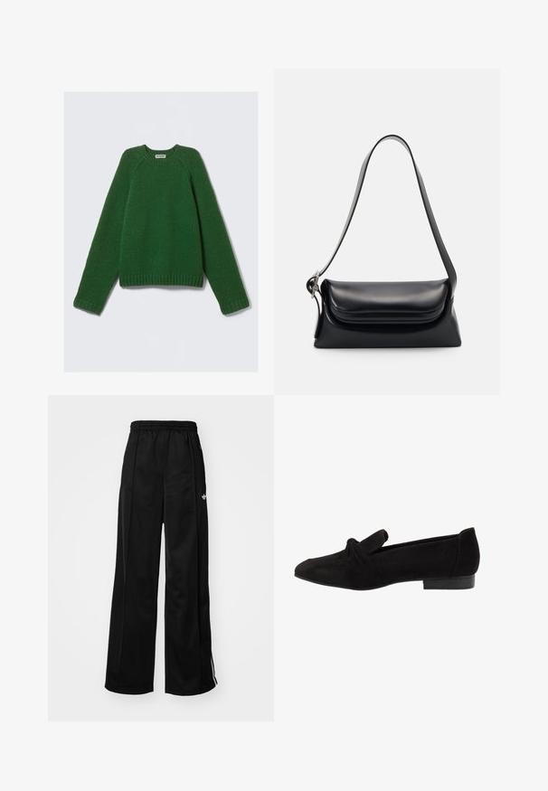 Langarm sweatshirt met ronde hals in donkergroen, met een gestructureerde brei, ribbelmanchetten, zoom en halslijn, plat gelegd op een witte achtergrond.; Zwarte wijde trainingsbroek met een elastische tailleband, voorzien van witte zijkanten en een klein logo op de linker heup. Stevige stoftextuur.; Zwarte suède flatschoen met een geknoopte detail bij de teen, gladde textuur, puntige vorm en een lage, rechthoekige hak.; Zwarte leren handtas met een gestructureerde vorm, een gladde textuur en een enkele schouderband. Heeft een subtiele, afgeronde klepontwerp.