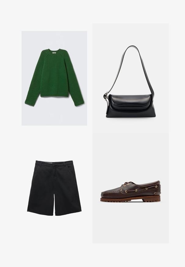 Svetr s dlouhým rukávem ve tmavě zelené barvě, strukturovaný úplet, s žebrovanými manžetami, lemem a výstřihem, položený na bílé pozadí.; Černé šortky z bavlny, s rovný střih, dvě přední kapsy a hladkou texturou. Bez viditelných vzorů nebo akcentů.; Hnědé kožené lodní boty se zlatými očky, kulatými tkaničkami a texturovanou hnědou gumovou podrážkou. Obsahují zašitý detail a vyvýšené logo.; Černá kožená kabelka se strukturovaným tvarem, hladkým povrchem a jedním ramenním popruhem. Obsahuje jemně zaoblený design klopy.