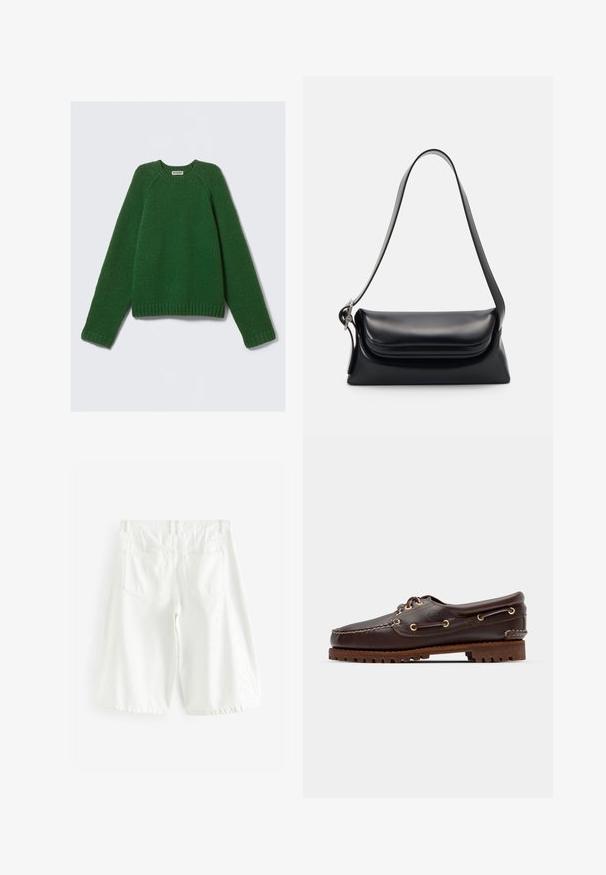 Pulover cu maneci lungi și guler rotund, de culoare verde închis, tricotat texturat, cu mansete, tiv și guler ribate, întins pe un fundal alb.; Pantaloni scurți din denim alb din bumbac, cu croială dreaptă, având două buzunare la spate, bucle pentru centură și un tiv care se termină puțin deasupra genunchiului.; Șlapi de punt pe culoare maro din piele, cu ochiuri aurii, șireturi rotunde și o talpă texturată din cauciuc maro. Prezintă detalii cusute și un logo ridicat.; Geantă de mână din piele neagră cu o formă structurată, o textură netedă și o singură curea de umăr. Are un design subtil cu clapetă rotunjită.