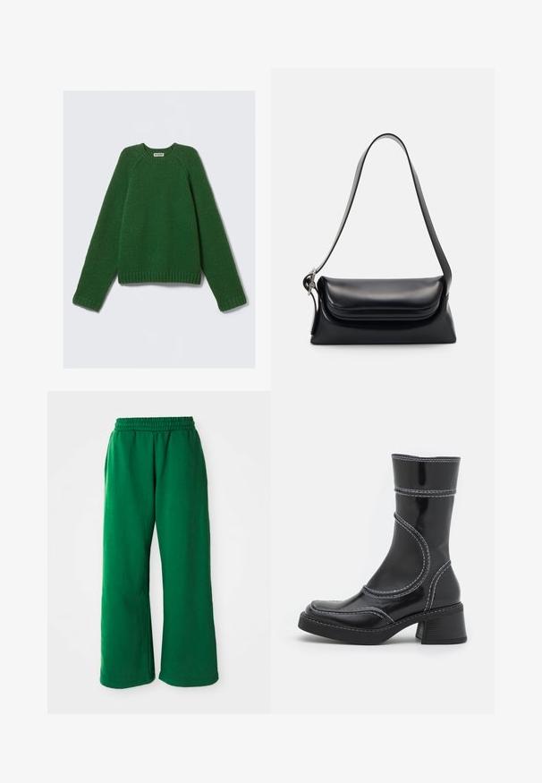Sveter s dlhými rukávmi v tmavozelenej farbe, s textúrovaným pletením, so žebrovanými manžetami, lemom a výstrihom, položený na bielom pozadí.; Zelené, voľné tepláky vyrobené z mäkkého materiálu. Obsahujú elastický pás, bočné vrecká a široké nohavice s hladkou textúrou.; Čierne lakované kožené členkové čižmy s bielym prešívaním, zaoblenou špičkou a blokovým podpätkom. Majú zakrivené línie dizajnu a hladkú textúru.; Čierna kožená kabelka so štruktúrovaným tvarom, hladkou textúrou a jedným ramenným popruhom. Obsahuje jemný, zaoblený dizajn klapky.