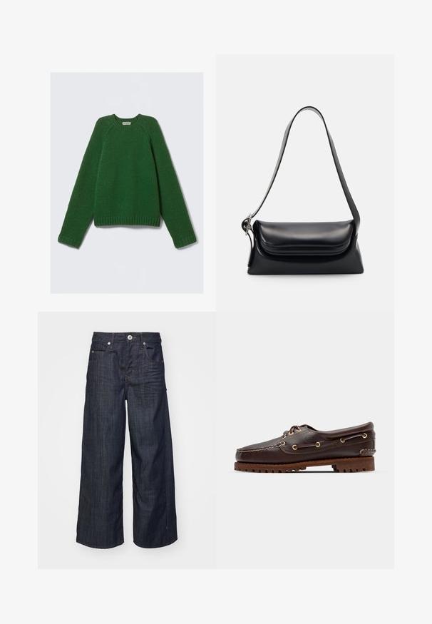 Tumši zaļš krekliņš ar garām piedurknēm un apaļu kakla izgriezumu, ar teksturētu adījumu, ar ribotiem piedurkņu galiem, apakšmalu un kakla izgriezumu, novietots uz balta fona.; Tumši zili plata kāja džinsi ar priekšējo pogu un rāvējslēdzēju, jostas cilpām un piecu kabatu dizainu uz baltas fona.; Brūni ādas laivu zābaki ar zeltītām acīm, apaļām šņorēm un rakstainu brūnu gumijas zoli. Iekļauj izšūtas detaļas un paaugstinātu logo.; Melnas ādas rokassoma ar strukturētu formu, gludu tekstūru un vienu plecu siksnu. Raksturīga diskreta, noapaļota vāka dizains.