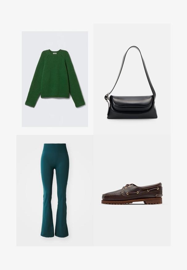 Svetr s dlouhým rukávem ve tmavě zelené barvě, strukturovaný úplet, s žebrovanými manžetami, lemem a výstřihem, položený na bílé pozadí.; Tyrkysové rozšířené legíny vyrobené z hladkého, pružného materiálu s vysokým pasem, mají jemnou texturu a přiléhavý střih.; Hnědé kožené lodní boty se zlatými očky, kulatými tkaničkami a texturovanou hnědou gumovou podrážkou. Obsahují zašitý detail a vyvýšené logo.; Černá kožená kabelka se strukturovaným tvarem, hladkým povrchem a jedním ramenním popruhem. Obsahuje jemně zaoblený design klopy.