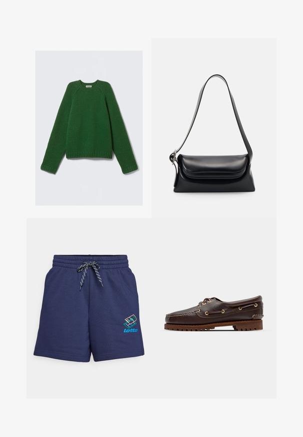 Sweater de manga longa em verde escuro, malha texturizada, com punhos, bainha e decote canelados, disposto plano sobre um fundo branco.; Calças de desporto azul-marinho com um cós elástico, cordão com detalhes em verde e azul, e um logo multicolorido da Lotto na lateral.; Sandal de barco em couro castanho com ilhós dourados, atacadores redondos e uma sola de borracha castanha texturizada. Apresenta detalhes costurados e um logótipo em relevo.; Bolsa de pele preta com uma forma estruturada, uma textura suave e uma única alça de ombro. Apresenta um design discreto e arredondado na aba.