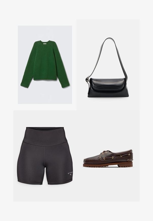 Long-sleeve crewneck sweater in dark green, textured knit, with ribbed cuffs, hem, and neckline, laid flat on a white background.; Black athletic shorts with a high waistband, made of smooth, stretchy fabric. Features flat seams and white logo text on the bottom right.; Brown leather boat shoe with gold eyelets, round laces, and a textured brown rubber sole. Features stitched detailing and a raised logo.; Black leather handbag with a structured shape, a smooth texture, and a single shoulder strap. Features a subtle, rounded flap design.