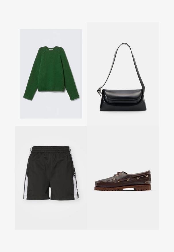 Tamsiai žalia ilgomis rankovėmis kreminė megztinis su tekstūruotu raštu, su įribuotomis rankogaliais, apatine dalimi ir kaklu, išklotas ant baltos fono.; Juodos sportinės šortai su elastingu juosmeniu, baltais šoninėmis juostelėmis ir logotipu kairėje kojoje. Lygus audinys, iki kelių dizainas.; Rudos odinės jachtų bateliai su auksinėmis akytėmis, apvaliais raiščiais ir tekstūruota ruda gumine padu. Yra siuvinėti dekoratyviniai elementai ir iškeltas logotipas.; Juodas odinis rankinės krepšys su struktūrizuota forma, glotnia tekstūra ir viena petneša. Pasižymi subtiliu, apvaliu dangčiu.