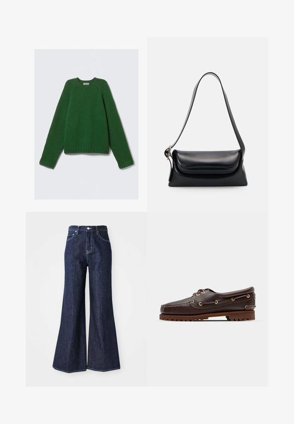 Tamsiai žalia ilgomis rankovėmis kreminė megztinis su tekstūruotu raštu, su įribuotomis rankogaliais, apatine dalimi ir kaklu, išklotas ant baltos fono.; Tamsios džinsinės platėjančios kelnės su aukštu liemeniu, su mygtuku ir užtrauktuku. Baltos siūlės ir plačios kojos sukuria struktūruotą siluetą.; Rudos odinės jachtų bateliai su auksinėmis akytėmis, apvaliais raiščiais ir tekstūruota ruda gumine padu. Yra siuvinėti dekoratyviniai elementai ir iškeltas logotipas.; Juodas odinis rankinės krepšys su struktūrizuota forma, glotnia tekstūra ir viena petneša. Pasižymi subtiliu, apvaliu dangčiu.