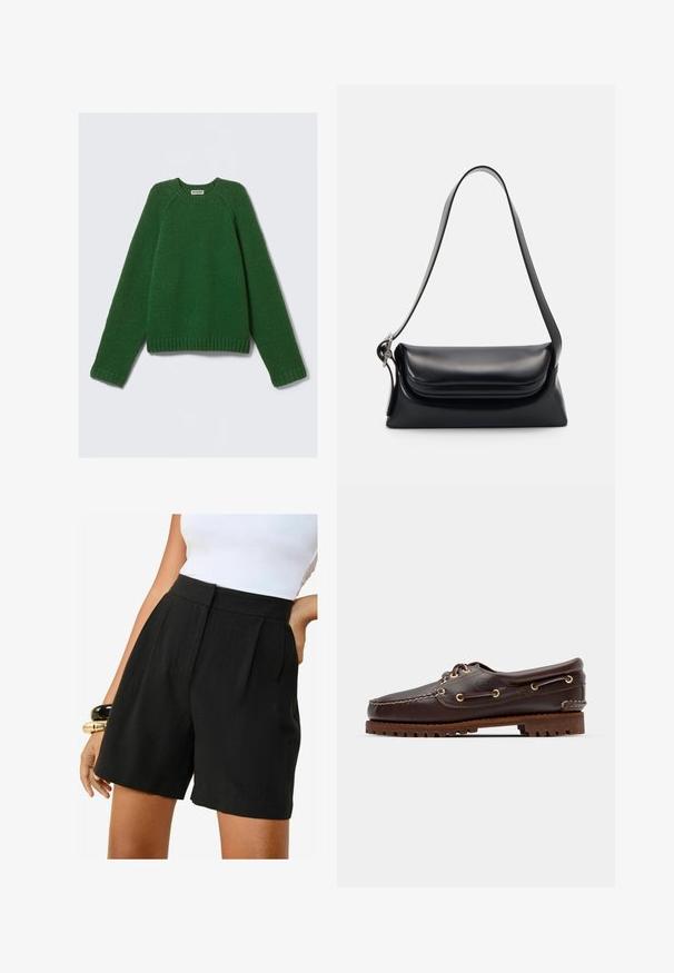 Tumši zaļš krekliņš ar garām piedurknēm un apaļu kakla izgriezumu, ar teksturētu adījumu, ar ribotiem piedurkņu galiem, apakšmalu un kakla izgriezumu, novietots uz balta fona.; Friends Like These REGULAR FIT - TAILORED ELASTIC BACK - Šorti - black; Brūni ādas laivu zābaki ar zeltītām acīm, apaļām šņorēm un rakstainu brūnu gumijas zoli. Iekļauj izšūtas detaļas un paaugstinātu logo.; Melnas ādas rokassoma ar strukturētu formu, gludu tekstūru un vienu plecu siksnu. Raksturīga diskreta, noapaļota vāka dizains.