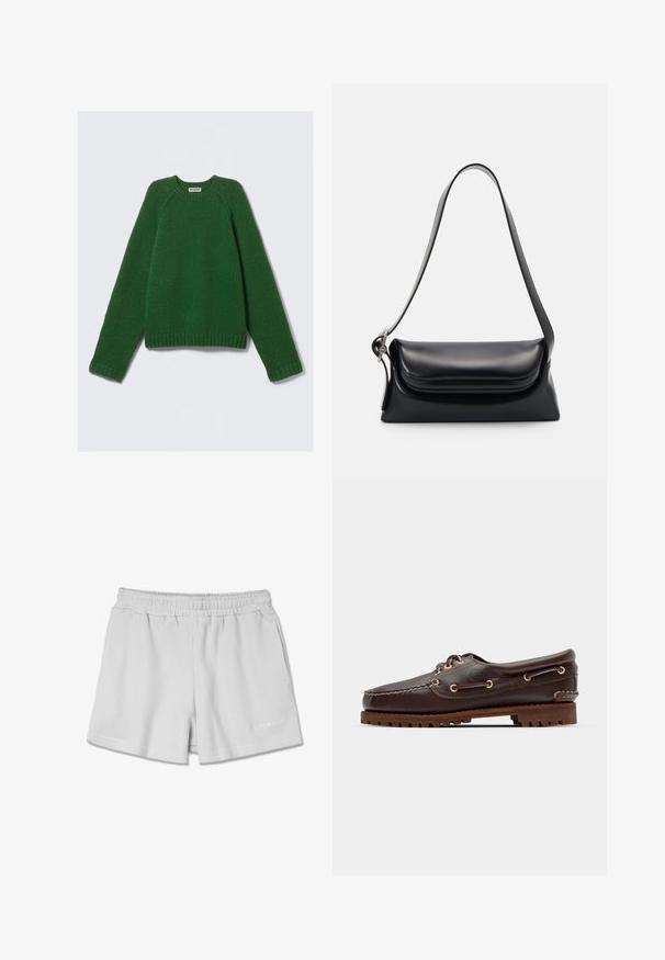 Sötétzöld, hosszú ujjú, kereknyakú pulóver, texturált kötött anyagból, bordázott mandzsettákkal, aljjal és nyakkal, fehér háttérre fektetve.; Világosszürke bordázott rövidnadrág rugalmas derékkal, két oldalsó zsebbel és egy kis fehér logóval az alsó jobb oldalon.; Barna bőr csónakcipő arany fémlyukakkal, kerek fűzőkkel és texturált barna gumitalppal. Díszített varrásokkal és kiemelkedő logóval rendelkezik.; Fekete bőr kézitáska, amelynek struktúrált formája, sima textúrája és egyetlen vállpántja van. Finom, lekerekített fedél kialakítással rendelkezik.
