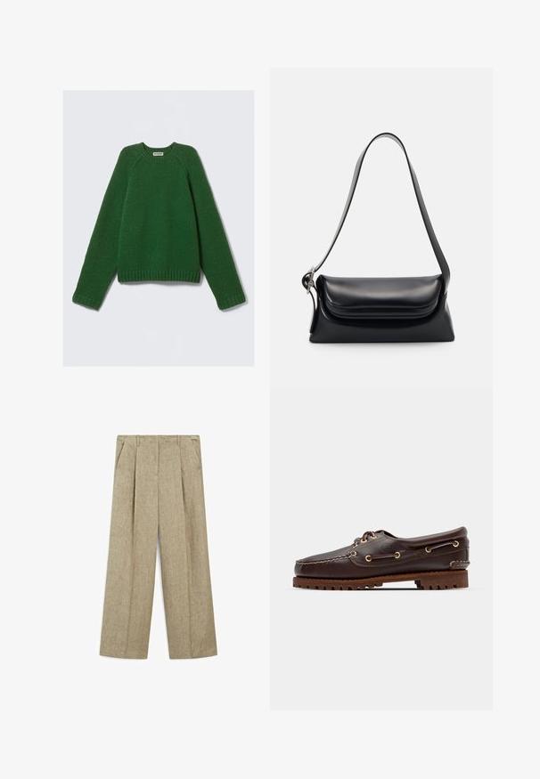 Maglione a maniche lunghe con colletto a girocollo di colore verde scuro, in maglia texturizzata, con polsini, orlo e scollatura a coste, steso su uno sfondo bianco.; Pantaloni larghi beige chiaro con plissettature, dotati di due tasche laterali e realizzati in un tessuto misto lino con texture.; Scarpa da barca in pelle marrone con occhielli dorati, lacci tondi e una suola in gomma marrone texturizzata. Presenta dettagli cuciti e un logo in rilievo.; Borsa a tracolla nera in pelle con una forma strutturata, una texture liscia e una singola tracolla. Presenta un design a patta arrotondata e discreta.