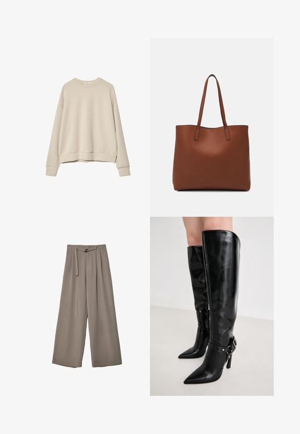 Beige långärmad sweatshirt i mjukt tyg, med rundad halsringning, avslappnad passform och ribbade ärmslut och nederkant. Slät textur utan mönster.; Breda byxor i ett mjukt, dämpat grått tyg, med belagd midja och veck för extra designdetaljer. Slät textur, inga mönster.; Steve Madden RIVARLY - Stövel - black; Brun läder tote-väska med en slät textur, öppen toppdesign och två axelremmar. Har minimal söm och ingen synlig metalldetalj.