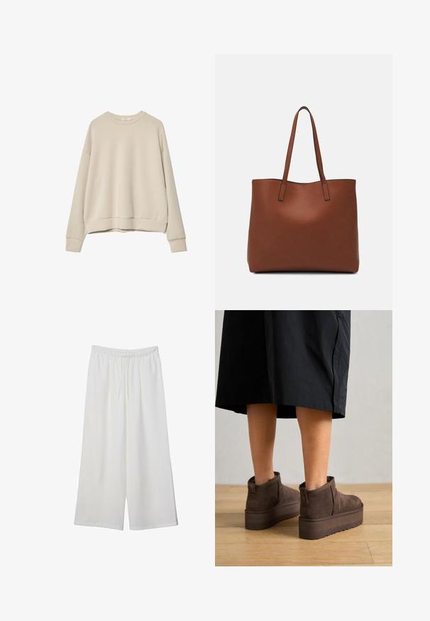 Felpa beige a maniche lunghe realizzata in morbido tessuto, con collo a giro e vestibilità rilassata, con polsini e orlo a costine. Texture liscia senza motivi.; Pantaloni bianchi a gamba larga realizzati in tessuto leggero, dotati di una vita elastica e di un cordino per una vestibilità regolabile. Texture liscia.; UGG CLASSIC ULTRA MINI PLATFORM - Tronchetti - burnt cedar; Borsa tote in pelle marrone con texture liscia, design con apertura superiore e due spallacci. Presenta cuciture minime e nessun hardware visibile.