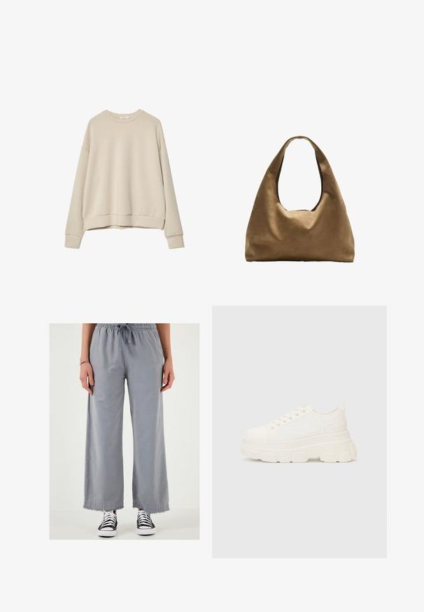 Bežen dolg rokav sweatshirt, izdelan iz mehke tkanine, z okroglim izrezom, sproščenim krojem in rebrastimi manšetami ter robom. Gladka struktura brez vzorcev.; Široke sivo hlače z elastičnim trakcem in raztrganim robom, narejene iz lahkega materiala. V kombinaciji z črno-belimi supergami.; Bela platnena teniska z debelim podplatom, okroglo konico in petimi luknjicami za vezalke. Zadaj je dodana zanka za enostavno obuvanje. Gladka tekstura, minimalistična zasnova.; Brahna torba preko rame iz rjave tkanine s širokim, zaobljenim tijelom i velikim izrezanim ručkom. Meka tekstura, minimalistički dizajn i bez vidljivih metalnih dijelova.