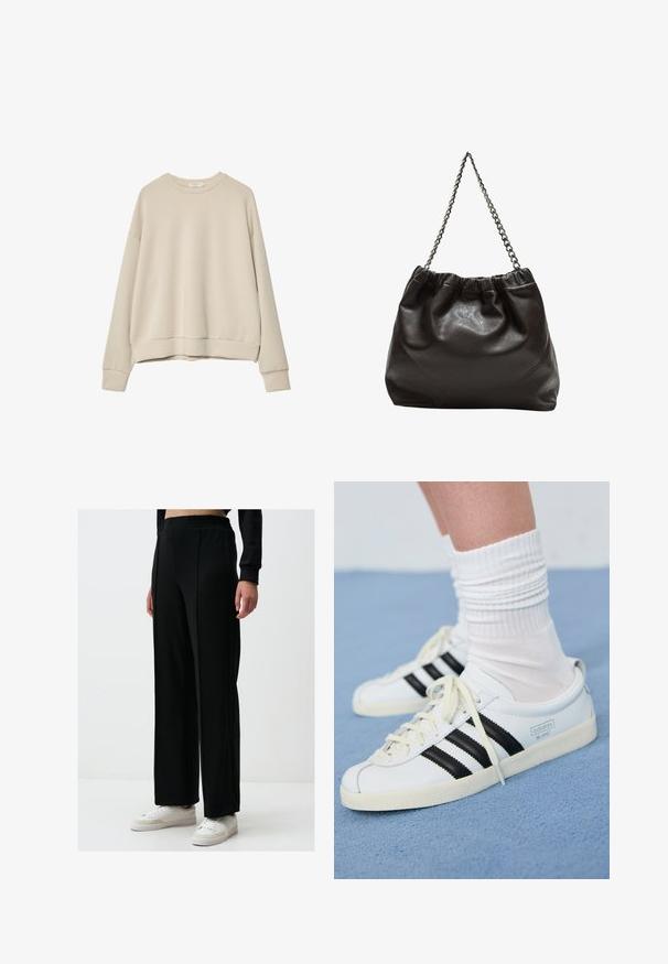 Beige Langarm-Sweatshirt aus weichem Stoff, mit Rundhalsausschnitt, lockerer Passform und gerippten Bündchen und Saum. Glatte Textur ohne Muster.; Schwarze weit geschnittene Hose mit einem elastischen Bund, aus glattem Stoff; kombiniert mit weißen Sneakern mit dezenten Akzenten.; Weiße Ledersneaker mit schwarzen Streifen, cremefarbener Sohle und hellen Schnürsenkeln. Getragen mit weißen gerippten Socken, positioniert vor einem blauen Hintergrund.; Braune Lederhandtasche mit gerafftem Oberteil und Kettenriemen. Glatte Textur mit glänzendem Finish und subtilen Nahtdetails an den Seiten.