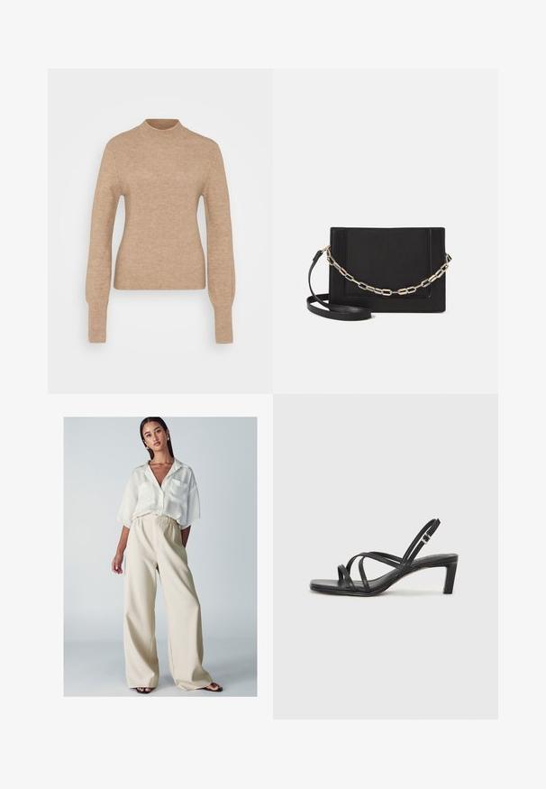 Beige ribbed knit sweater with a mock neck, long sleeves, and fitted body. Soft texture with a smooth finish. Minimalist design; no patterns.; Young woman wearing loose cream-colored wide-leg trousers, white oversized short-sleeve button-up shirt, and black open-toe sandals.; Black strappy sandal with a square toe and a low block heel. Features multiple thin straps and an adjustable ankle strap. Made of smooth leather.; Black leather crossbody bag featuring a smooth texture, rectangular shape, and a metallic chain detail on the front. Adjustable strap included.
