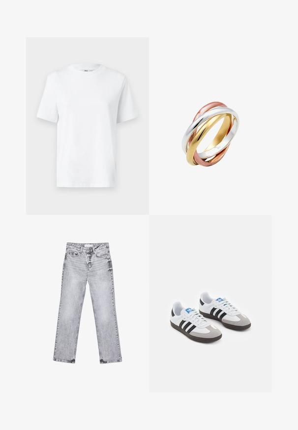 Yellow knitted sweater with long sleeves, round neckline, and a loose fit. Soft texture with a subtle pattern throughout.; White cotton crew-neck t-shirt featuring short sleeves and a smooth texture. Designed with a relaxed fit for comfort and versatility.; Gray denim jeans with a straight-leg cut, distressed detailing, five pockets, and copper rivets. Waistband features a logo tag.; Sport shoes with a white leather upper, gray suede toe, and three black stripes. Features a blue logo on the tongue and a textured rubber sole.; Three interlocking bands made of polished silver, gold, and rose gold metals, featuring a smooth, rounded design and a shiny finish.