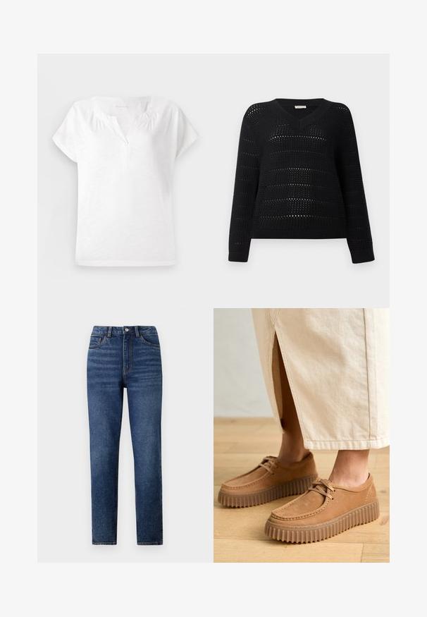 TOM TAILOR DENIM V NECK - Pulover - deep black; Top alb cu mâneci scurte, decolteu în formă de V, textură moale și ușor strâns la umeri, având o croială lejeră și tiv drept.; Blugi din denim albastru cu talie înaltă, cu picior drept, având detalii fine de decolorare, închidere cu un singur nasture și design cu cinci buzunare.; Pantofi de culoare caramel din piele cu o suprafață texturată, vârf rotund și tălpi groase, cu striații. Sireturile și detaliile de cusătură completează designul.