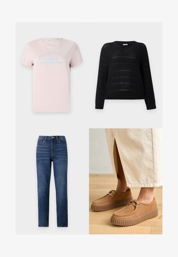 TOM TAILOR DENIM - Sweter; Jasnoróżowy bawełniany T-shirt z krótkim rękawem, okrągłym dekoltem i niebieskim napisem "NIC JAK TEN PIĘKNY LETNI DZIEŃ."; Jeans z wysokim stanem w kolorze niebieskim, o prostym fasonie, z delikatnym przecieraniem, zapięciem na jeden guzik i pięcioma kieszeniami.; Tanie skórzane buty o teksturowanej powierzchni, okrągłym nosku i grubej, żłobionej podeszwie. Sznurowadła i detale szycia podkreślają design.